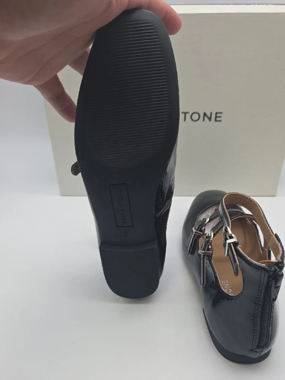 Sun + Stone Black Patent Triple-Strap Ankle Flats